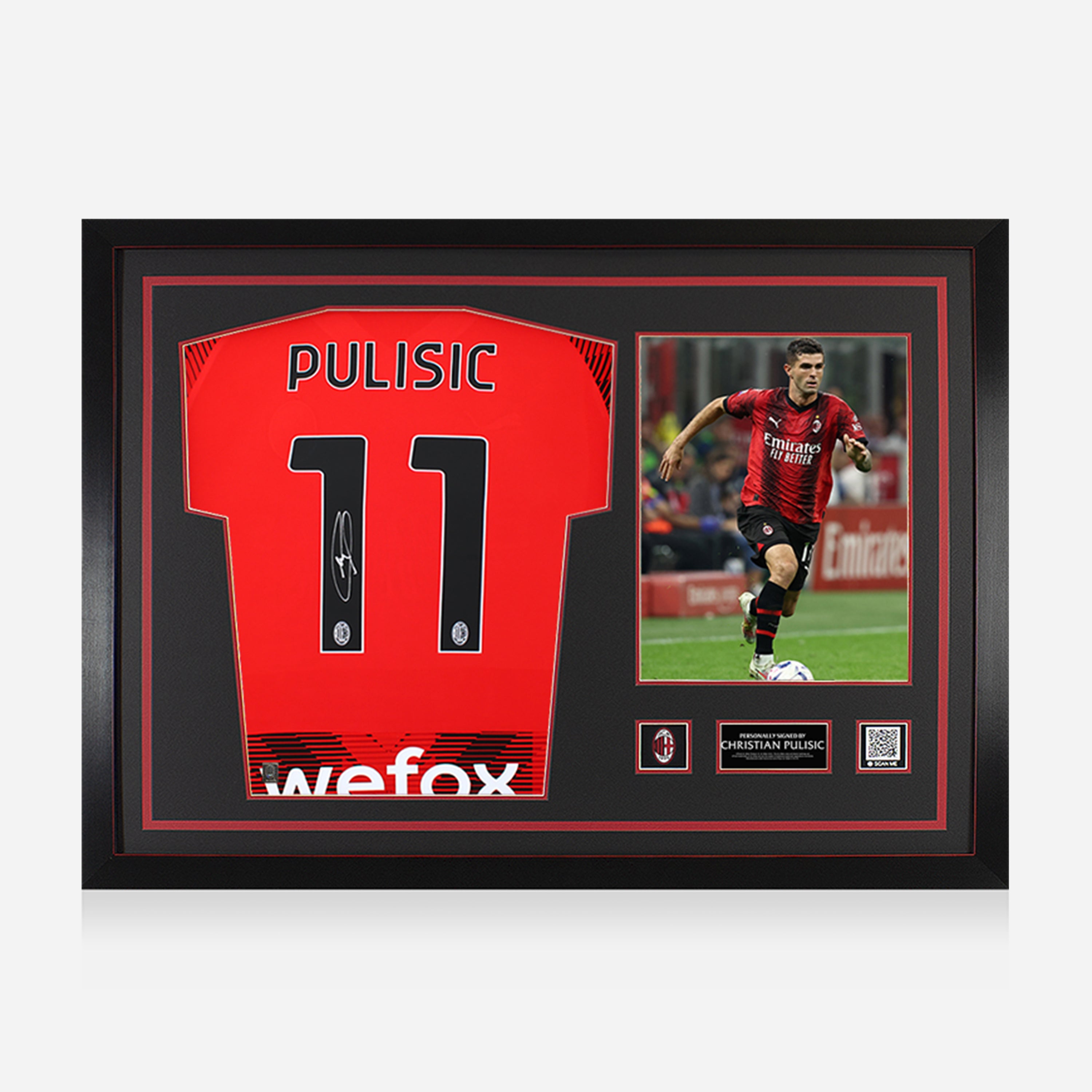 PULISIC AC MILAN SIGNED AND FRAMED HOME JERSEY  WITH PHOTO