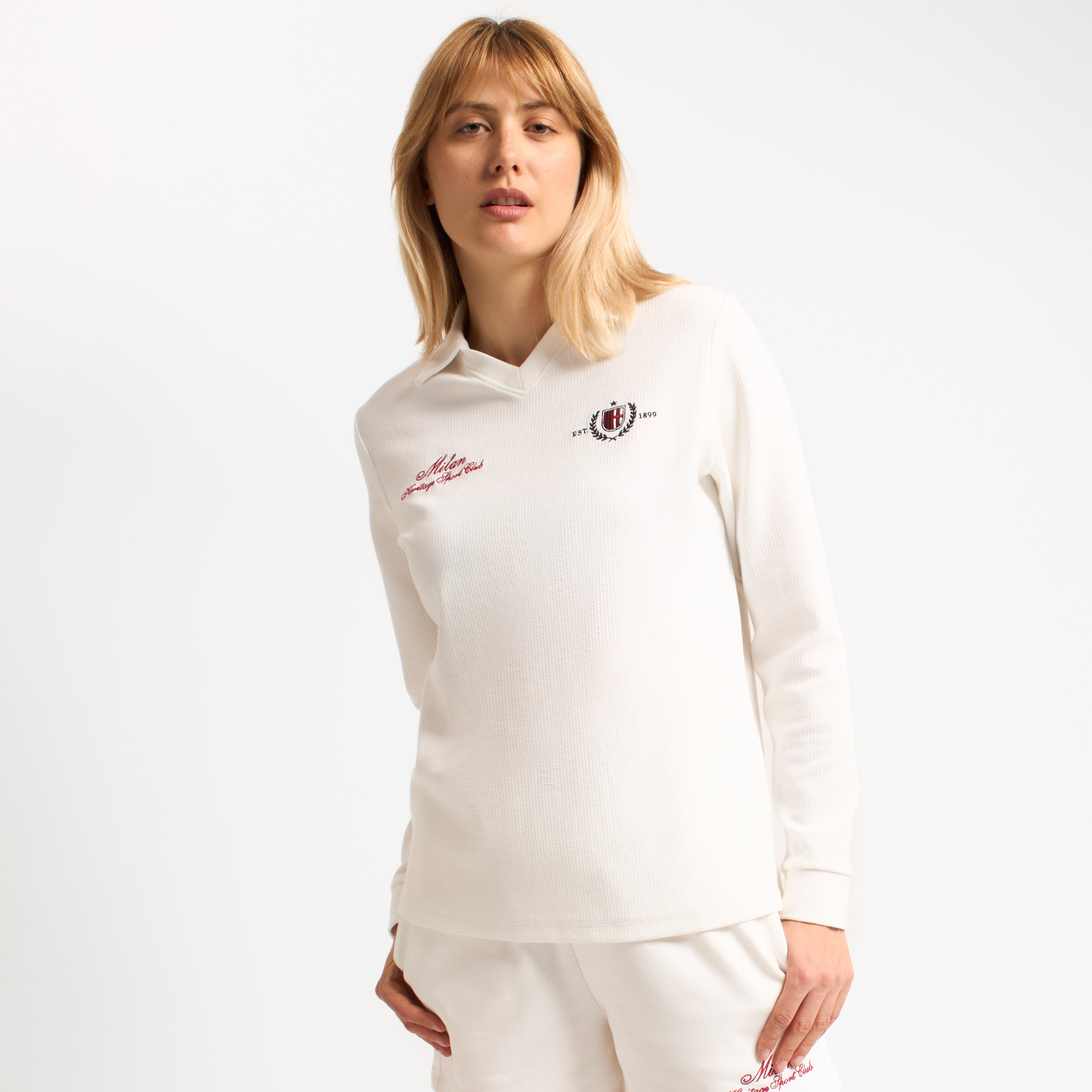 AC MILAN WOMEN'S WHITE LONG SLEEVE POLO WITH EMBROIDERY