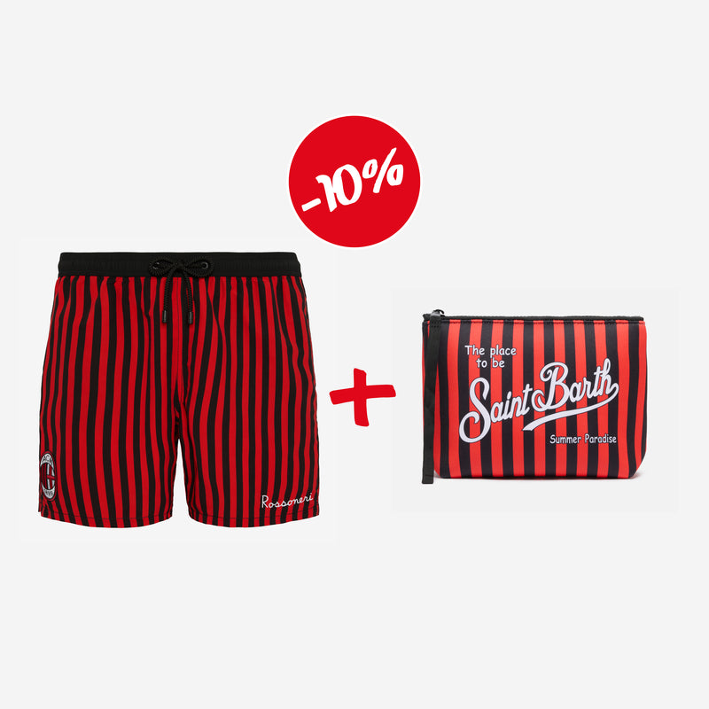 BUNDLE SWIM SHORTS WITH RED AND BLACK STRIPES + BLACK AND RED STRIPED POUCH MC2 SAINT BARTH X AC MILAN