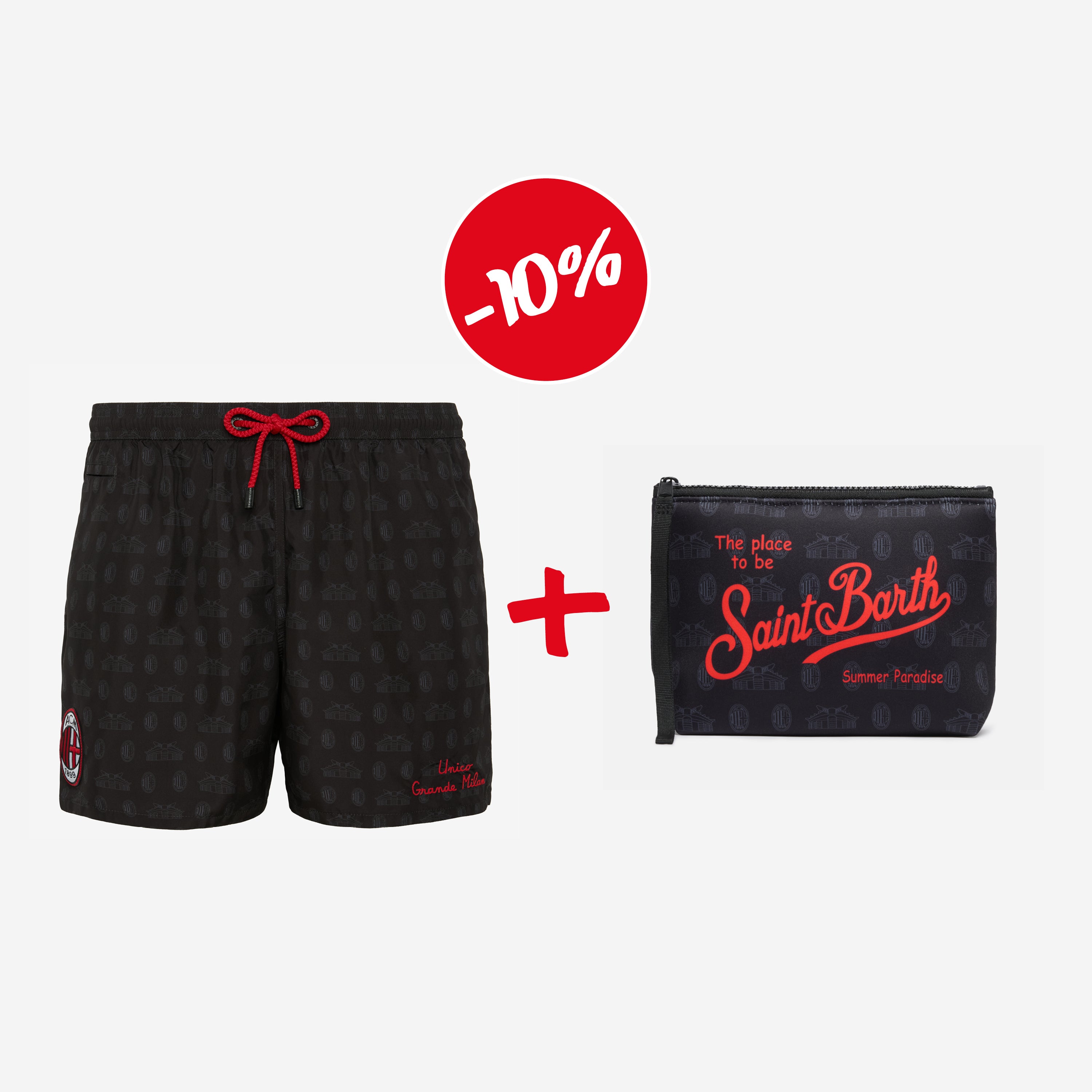 BUNDLE SWIM SHORTS WITH LOGO AND STADIUM PATTERN + BLACK POUCH MC2 SAINT BARTH X AC MILAN