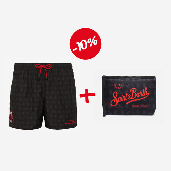 BUNDLE SWIM SHORTS WITH LOGO AND STADIUM PATTERN + BLACK POUCH MC2 SAINT BARTH X AC MILAN