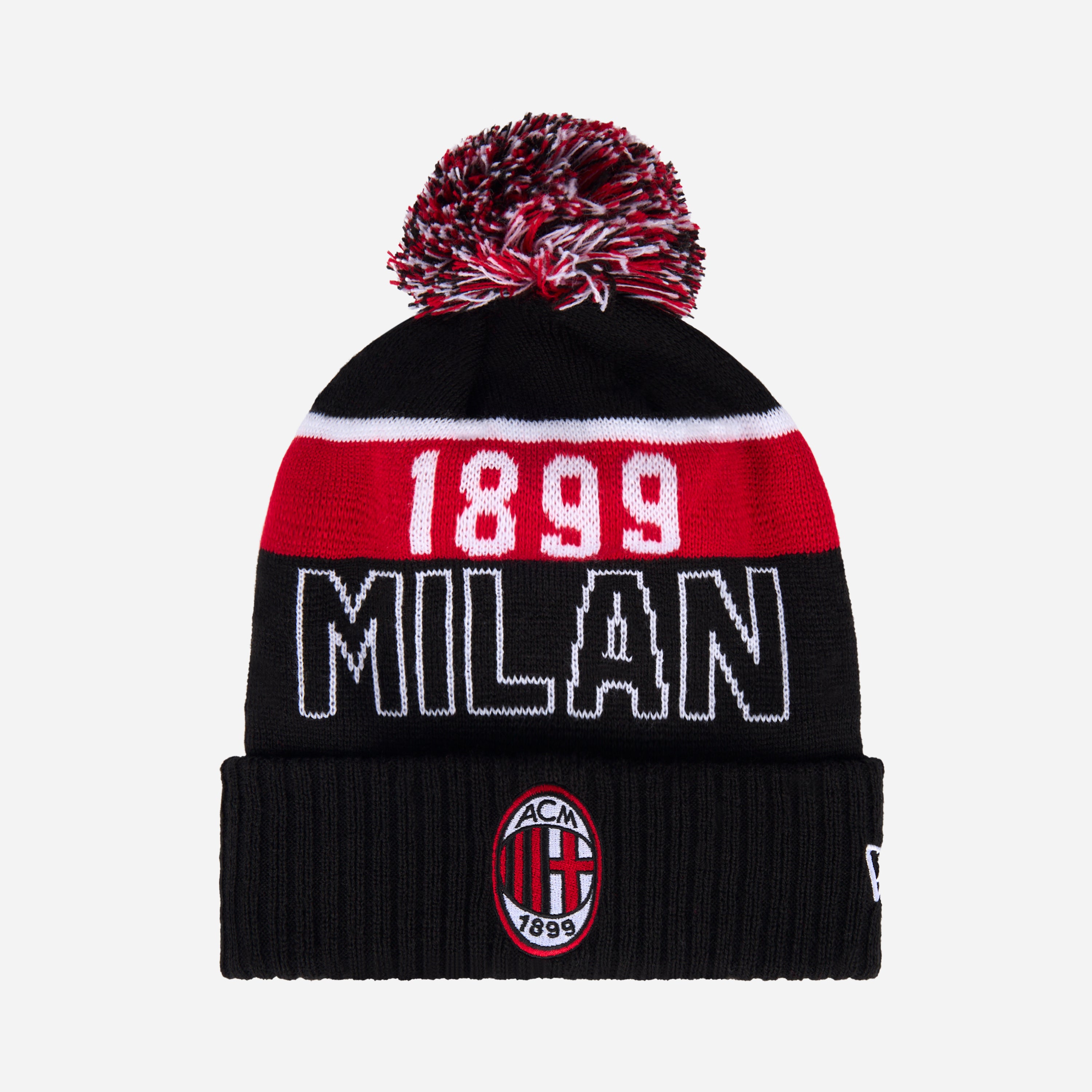 NEW ERA X AC MILAN BLACK AND RED BEANIE WITH POMPOM