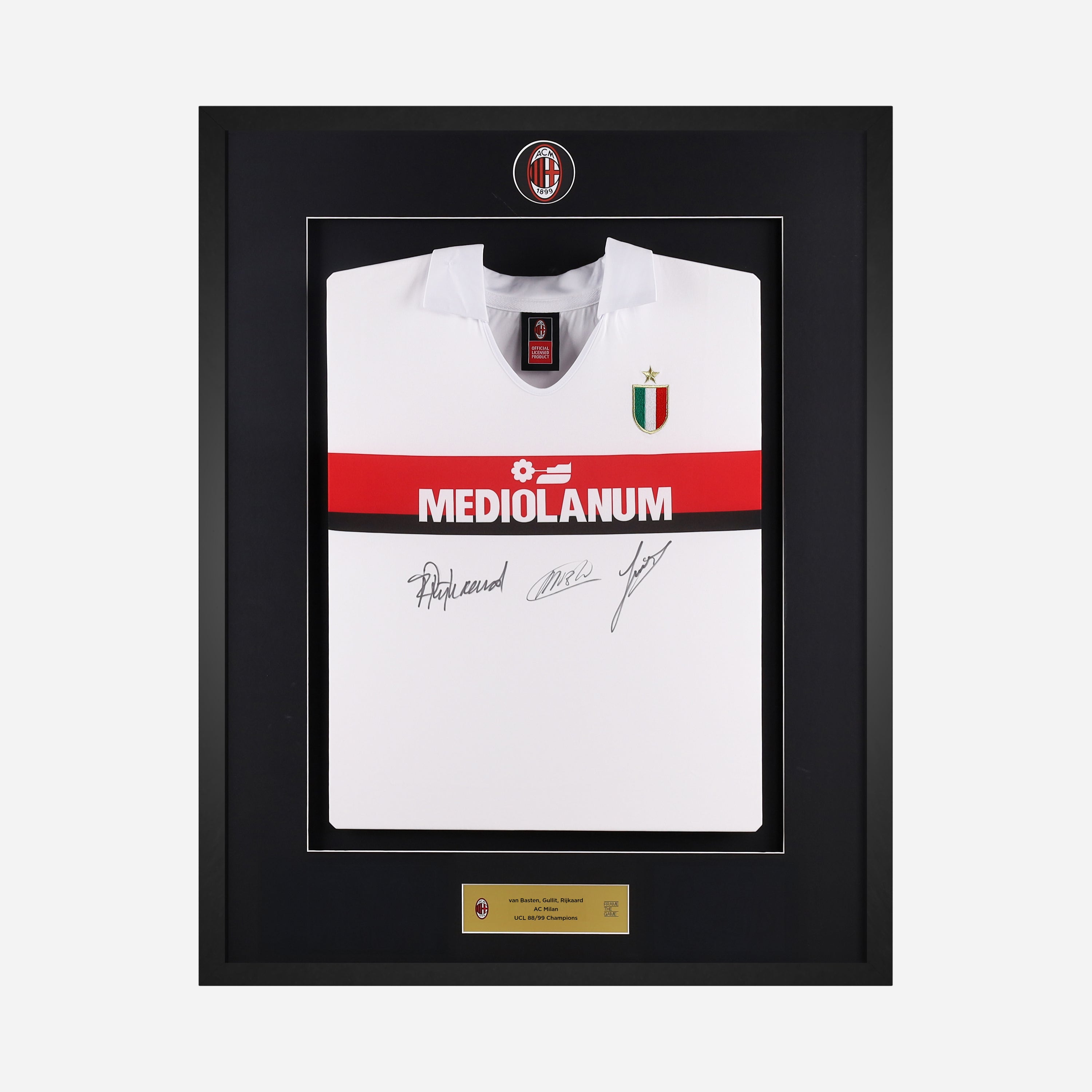 VAN BASTEN, GULLIT E RIJKAARD AC MILAN SIGNED AND FRAMED AWAY JERSEY 1988/89
